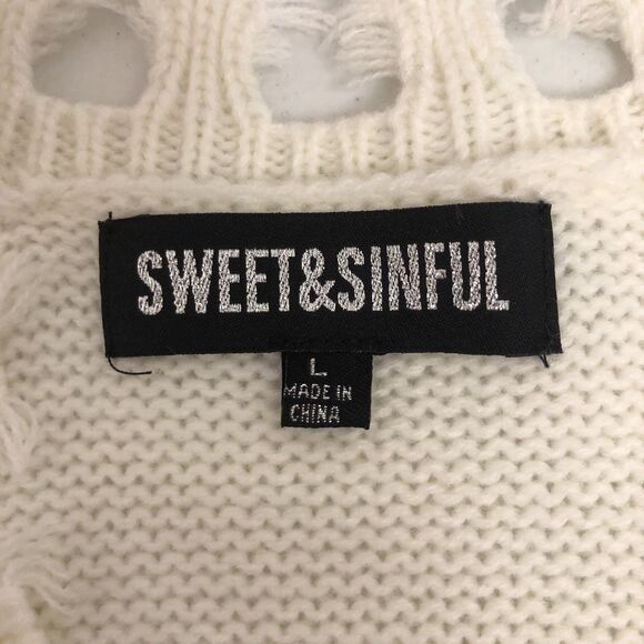 Sweet & Sinful Womens Large Cream Frayed Design Pink Stars Sweater L - Picture 5 of 16